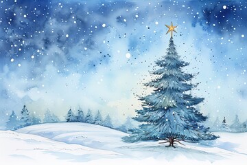 Naklejka premium Watercolored Christmas Gift Card, Snow Landscape with a Christmas Tree, Blue Colored