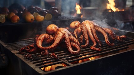 Two octopuses being cooked on a grill.