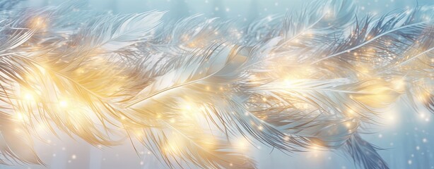 Christmas Card with Feather and lights Snowflake Background