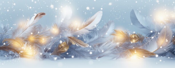 Fototapeta na wymiar Blue Christmas Card with Feather and lights Snowflake Background