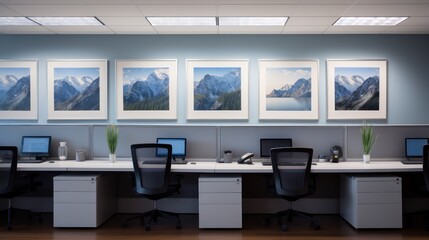 A line of modern office cubicles, embodying efficiency and a hint of individuality in the corporate setting.