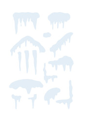 ice and snow figures for house and roof set. Isolated snow heaps and icicles on a white background. Ice, winter, New Year, Christmas. Vector illustration