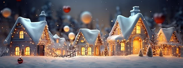 Fototapeten Decorative Christmas Village tiny houses and cozy Lights © Unitify