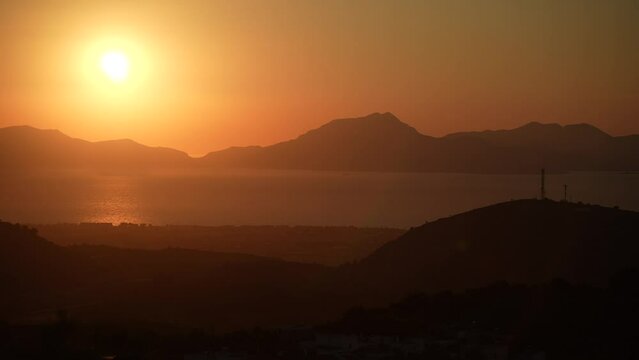 Kos Island with Kalimnos Island in background from Zia village at sunset, Kos, Dodecanese, Greek Islands
