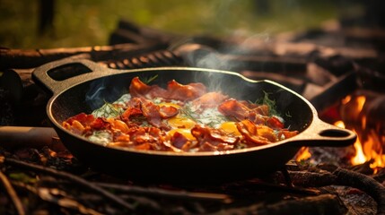Bacon and eggs cooked in a cast iron skillet make for a rustic camping breakfast. - obrazy, fototapety, plakaty