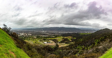 Panoramic view from the Hollywood Mountain of Griffith Park, in the city of Los Angeles in the...
