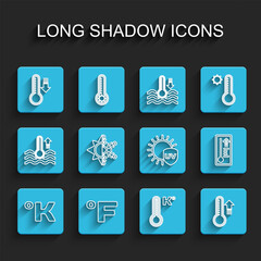 Set line Kelvin, Fahrenheit, Meteorology thermometer, Sun and snowflake, and UV protection icon. Vector