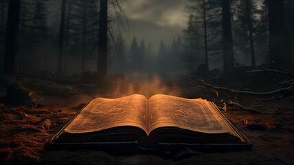 an open book of mystical fairy tales background in a foggy night forest the mystery of an old book - obrazy, fototapety, plakaty
