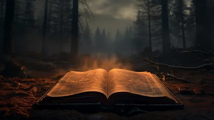 Poster Sprookjesbos an open book of mystical fairy tales background in a foggy night forest the mystery of an old book