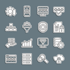 Set line Cloud computing lock, Server and gear, Document, Monitor with password, Sales funnel, Hierarchy organogram chart, Cost reduction and Shield settings icon. Vector