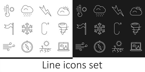 Set line Weather forecast, Tornado, Lightning bolt, Snowflake, Meteorology windsock wind vane, thermometer, Celsius and Cloud with rain icon. Vector
