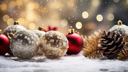 Fototapeta na wymiar Christmas ornaments and pine cones glisten on the snowy surface.