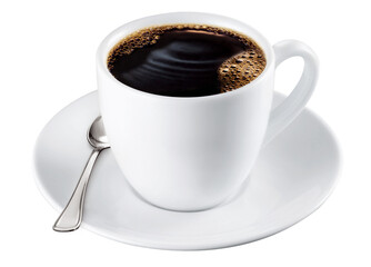 Xícara com café expresso sobre pires acompanhado de colher isolado em fundo transparente