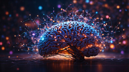 Human brain with glowing neurons and nervous system concept. Science and medicine. - obrazy, fototapety, plakaty