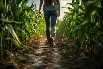 Agriculture. female farmer wearing rubber boots. Working along the sunshine near the green corn fields. AI generative - obrazy, fototapety, plakaty
