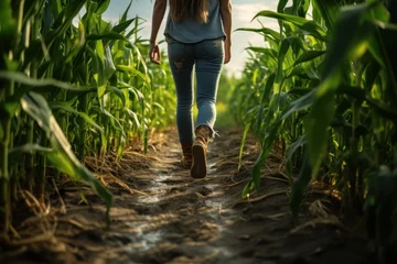 Fotobehang Agriculture. female farmer wearing rubber boots. Working along the sunshine near the green corn fields. AI generative © Attasit