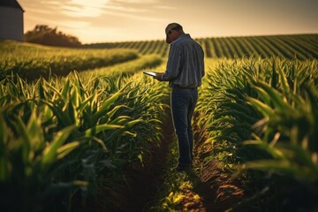 Agriculture. Male farmer wearing rubber boots. holding a tablet Working along the sunshine near the green corn fields. AI generative