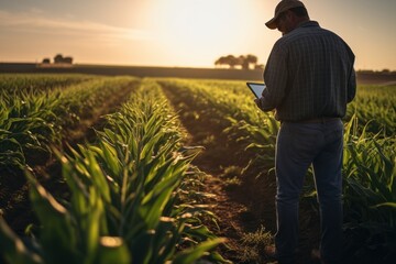 Fototapeta premium Agriculture. Male farmer wearing rubber boots. holding a tablet Working along the sunshine near the green corn fields. AI generative