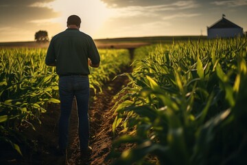 Fototapeta premium Agriculture. Male farmer wearing rubber boots. holding a tablet Working along the sunshine near the green corn fields. AI generative