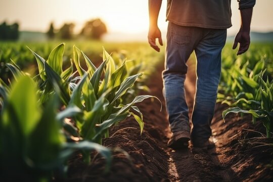 Agriculture. Male farmer wearing rubber boots. Working along the sunshine near the green corn fields. AI generative