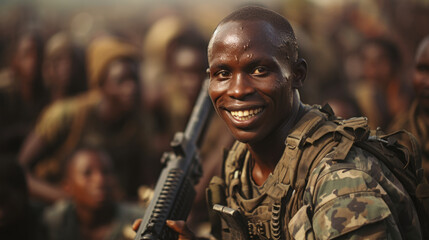 Portrait of a smiling Somali african soldier standing in front of the crowd. - obrazy, fototapety, plakaty