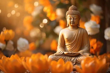 Foto op Canvas Buddha statue, sitting meditation on a royal lotus flower. AI generative © Attasit