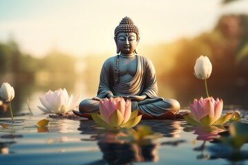Buddha statue, sitting meditation on a royal lotus flower. AI generative - obrazy, fototapety, plakaty