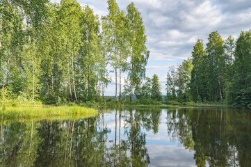 Summer river landscape with beautiful birches on the shore. Chusovaya River, Ural, Russia - 659881943