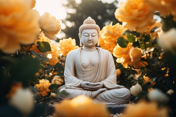 Buddha statue, sitting meditation on a royal lotus flower. AI generative
