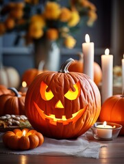 Sinister pumpkin as Halloween symbols tabletop home holiday decor. AI