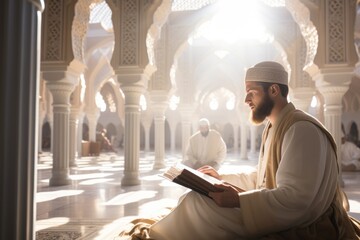A Muslim man Reading the Gur'an at the Old Mosque. AI generative