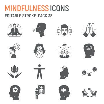 Mindfulness glyph icon set, meditation collection, vector graphics, logo illustrations, positive thinking vector icons, mindfulness signs, solid pictograms, editable stroke
