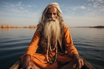 Sadhu rowing in the boat, Varanasi, India. Gadsisar Lake Jaisalmer is the background. AI generative - obrazy, fototapety, plakaty