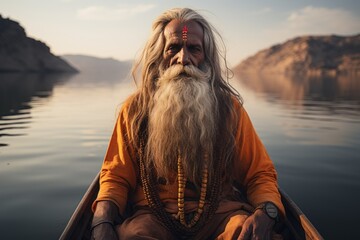 Sadhu rowing in the boat, Varanasi, India. Gadsisar Lake Jaisalmer is the background. AI generative - obrazy, fototapety, plakaty