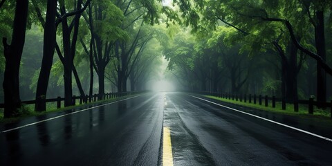 AI Generated. AI Generative. Outdoor nature landsacpe forest tree road highway path landscape background. Graphic Art