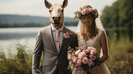 Bride and groom on their wedding day. Wife with a donkey husband. - obrazy, fototapety, plakaty