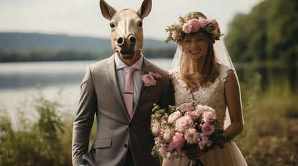 Rolgordijnen Bride and groom on their wedding day. Wife with a donkey husband. © AS Photo Family