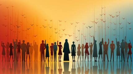 Illustration of silhouettes people on the background of birds.