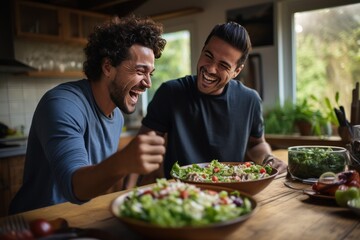 Two males of different ethnicities having fun while making salad together in the kitchen. AI generative