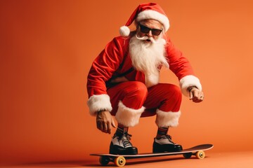 Santa Claus happily skateboards along