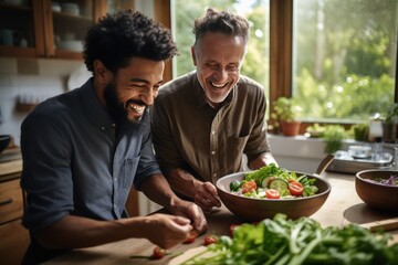 Fototapeta na wymiar Two males of different ethnicities having fun while making salad together in the kitchen. AI generative