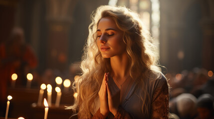 Beautiful young blonde woman praying in church, closeup. Religion concept