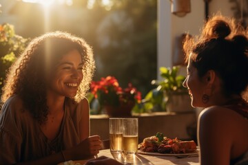 Two multiracial female friends having a close conversation, sitting by a dinner table on a beautiful house terrace. AI generative