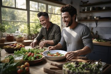 Two males of different ethnicities having fun while making salad together in the kitchen. AI generative