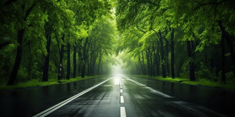 Obraz premium AI Generated. AI Generative. Outdoor nature landsacpe forest tree road highway path landscape background. Graphic Art