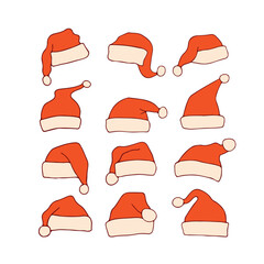 Big set of red Santa hats isolated on white background. Winter, New Year, Christmas. Santa's clothes. Festive cap. Vector illustration