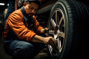 Obraz na płótnie Canvas Tire shop worker changing a car wheel