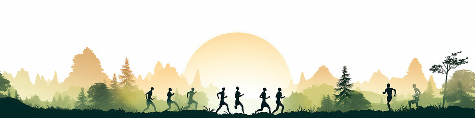 marathon, runners running in nature drawing flat graphics background minimalism