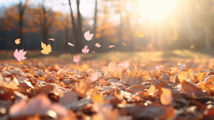 falling autumn leaves and branches nature in light translucent soft color pastel tinting on a sunny...