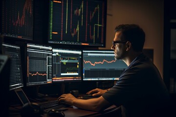 focused teammate working on analytics dashboard. trading expert focus on real-time trading by checking securities, bitcoin, exchange rate fluctuation. generative AI - obrazy, fototapety, plakaty